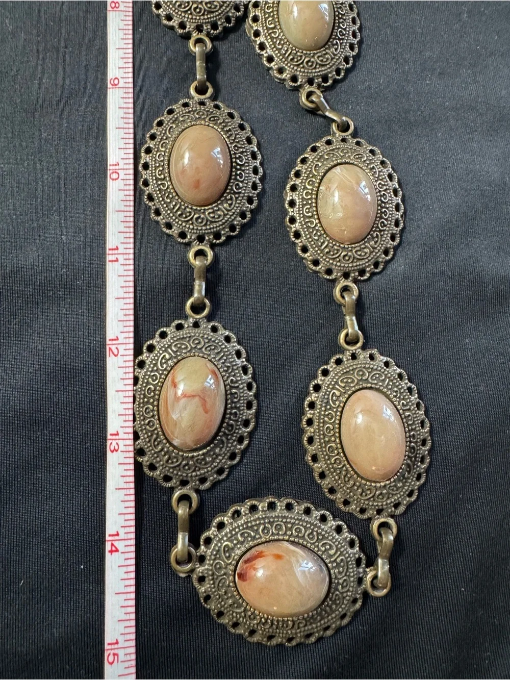Large Brass Boho Statement Necklace - Marbled Cabochon Medallions